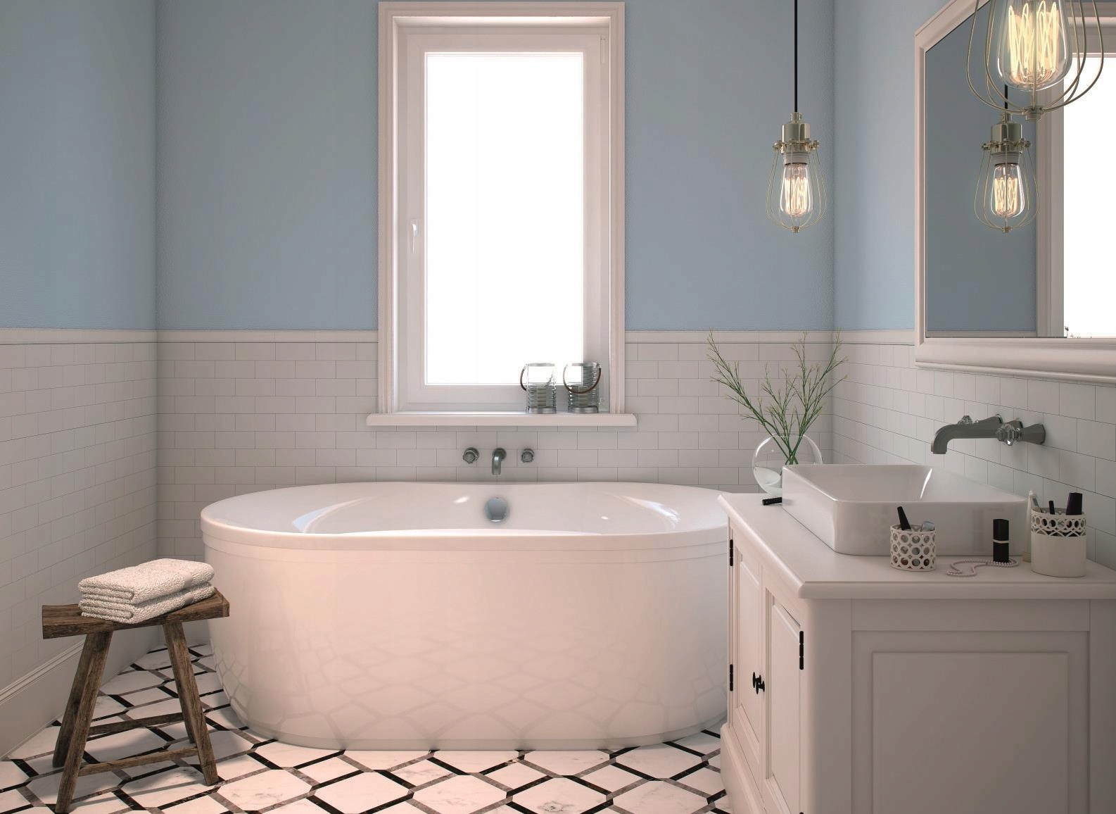 Jasna łazienka z owalną wanną, białą armaturą i mozaikową podłogą. Na ścianie błękitna farba i białe płytki. Nad wanną okno, a obok umywalka z szafką.