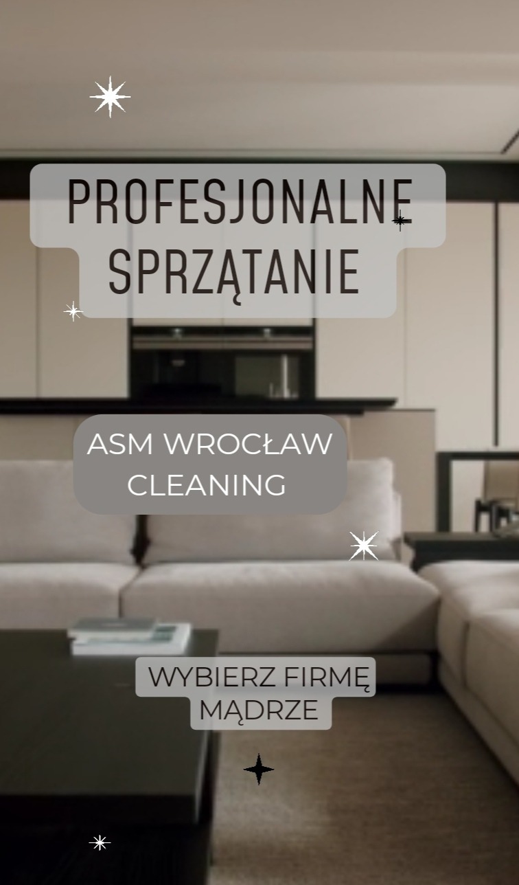 Grafika reklamowa firmy ASM Wrocław Cleaning oferującej profesjonalne sprzątanie, z widocznym fragmentem wnętrza salonu: beżowa sofa narożna, czarny stolik kawowy i jasne szafki kuchenne w tle.