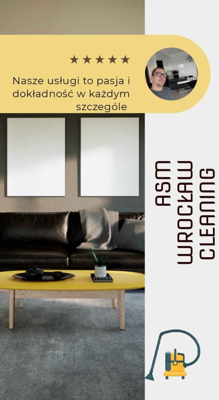 Grafika reklamowa firmy sprzątającej: nowoczesne wnętrze z czarną skórzaną kanapą, żółtym stolikiem kawowym i dwiema białymi ramkami na ścianie, obok logo firmy ASM Wrocław Cleaning i hasło 'Nasze...