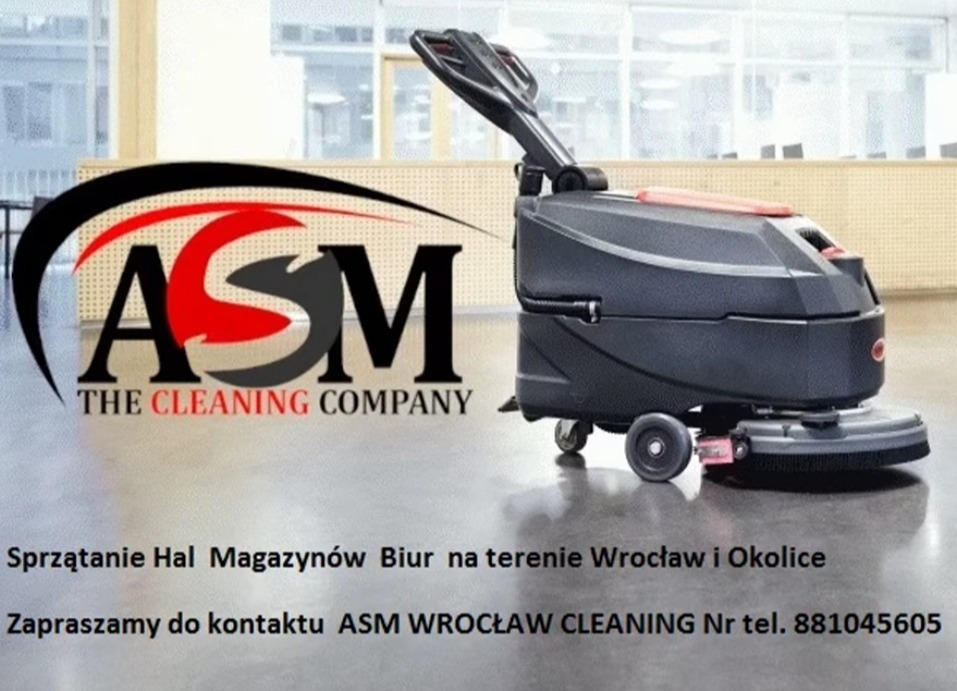 Automat szorująco-zbierający do podłóg przemysłowych, logo firmy ASM The Cleaning Company, napis Sprzątanie Hal Magazynów Biur na terenie Wrocławia i Okolic.