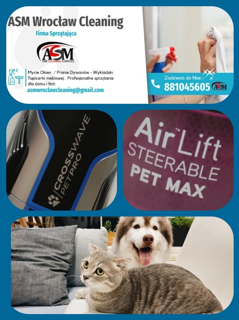 Kompozycja zdjęć: wizytówka firmy sprzątającej ASM Wrocław Cleaning, zbliżenie na odkurzacz do sierści Crosswave Pet Pro, napis Air Lift Steerable Pet Max oraz kot i pies na kanapie.