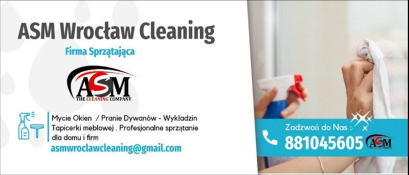 Reklama firmy sprzątającej ASM Wrocław Cleaning: logo firmy, dane kontaktowe i hasło reklamowe na tle okna podczas mycia szyb.