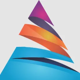 Abstrakcyjna grafika wektorowa przedstawiająca piramidę z nachodzących na siebie warstw w kolorach fioletowym, pomarańczowym i niebieskim, na jasnoszarym tle.