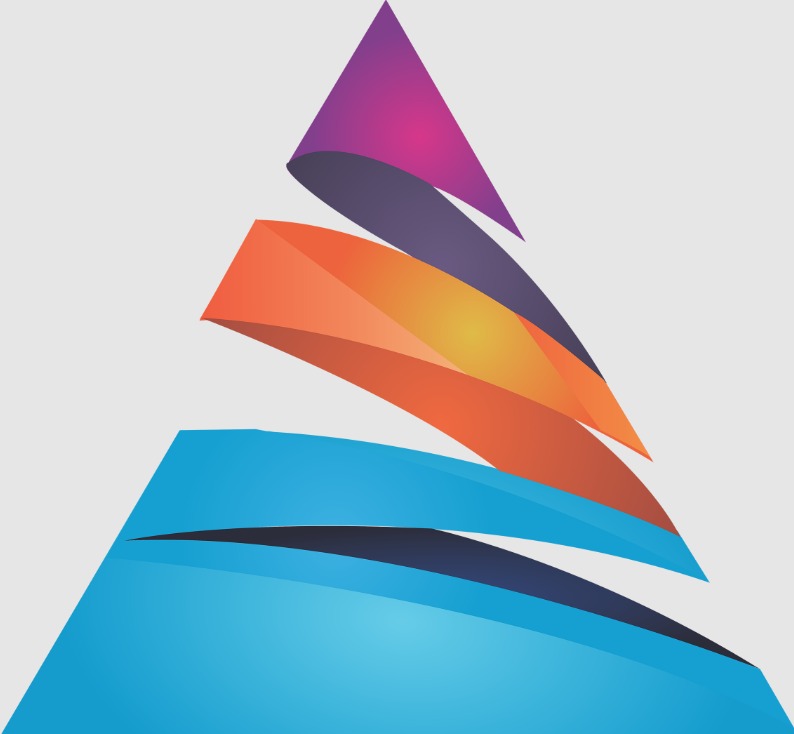 Abstrakcyjna grafika wektorowa przedstawiająca piramidę z nachodzących na siebie warstw w kolorach fioletowym, pomarańczowym i niebieskim, na jasnoszarym tle.