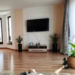 Salon po remoncie: ściana z białej cegły dekoracyjnej za telewizorem, drewniana podłoga, rośliny w donicach, zasłony w oknie