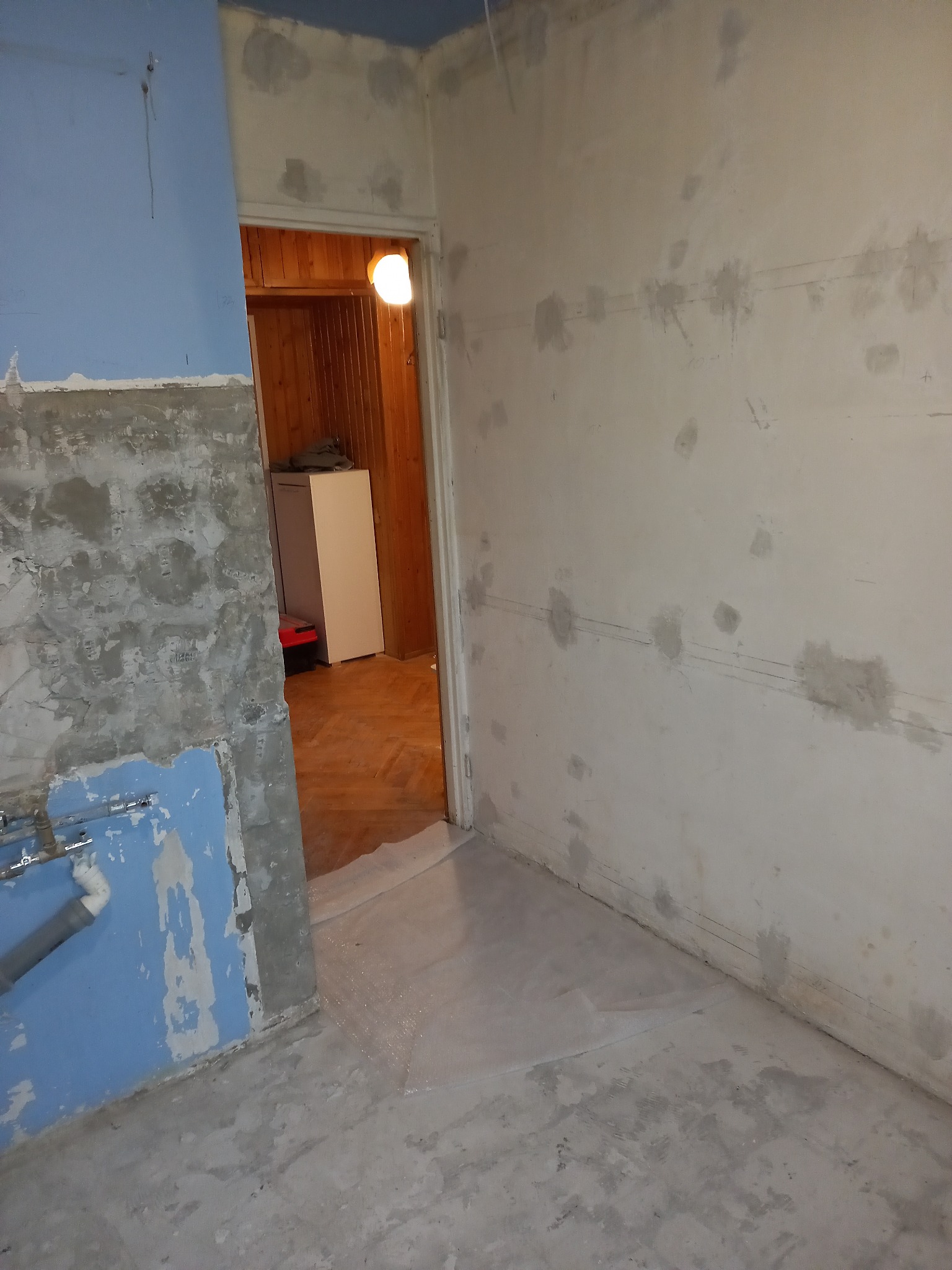 Przygotowanie do remontu łazienki: ściany z resztkami niebieskiej farby i gładzi, ślady po instalacjach, surowy beton na podłodze, widok na drewniane wnętrze przez otwarte drzwi.