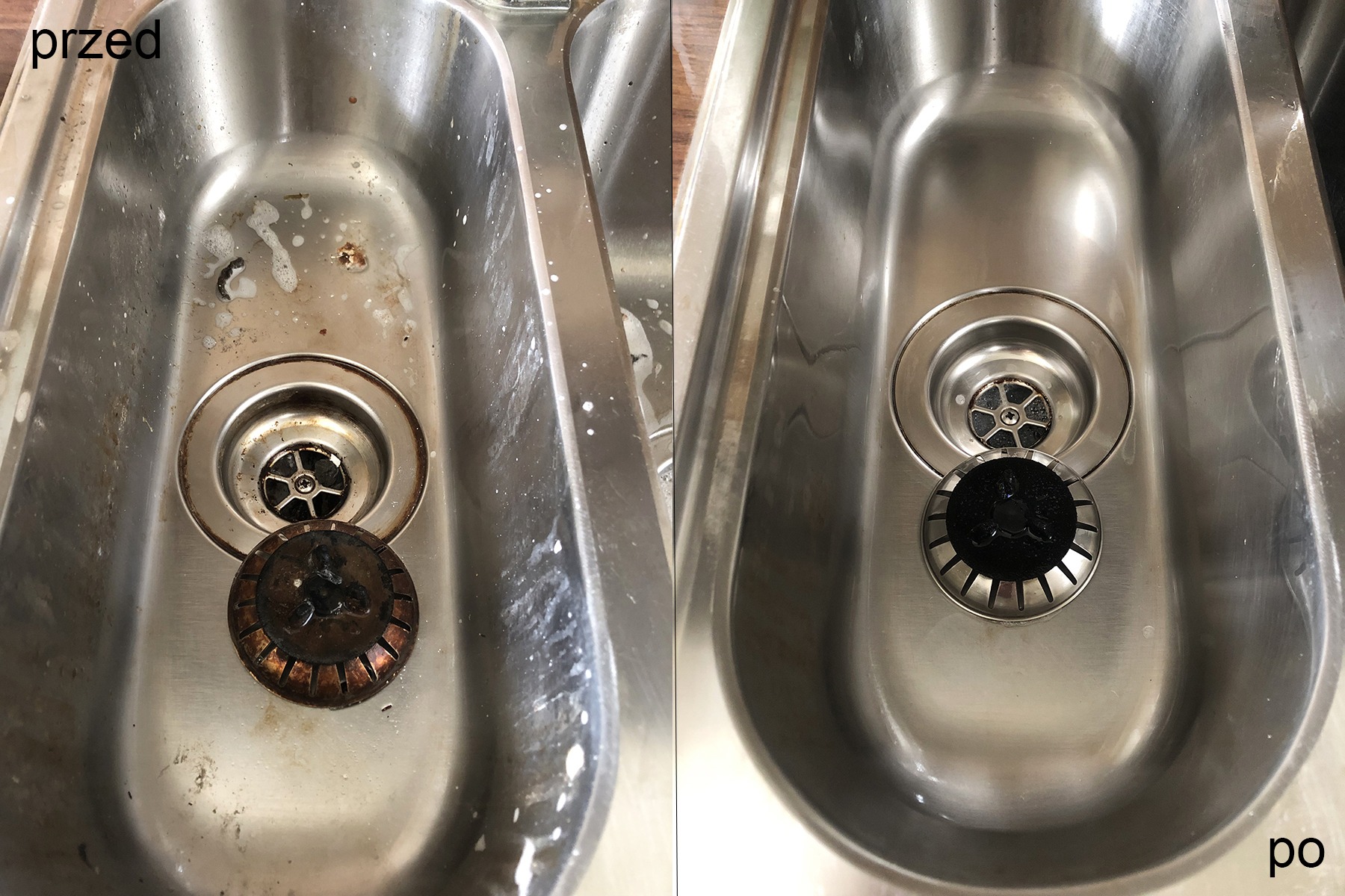 Porównanie stanu zlewu kuchennego przed i po czyszczeniu: po lewej zacieki, resztki jedzenia i brudny odpływ, po prawej lśniący, czysty zlew z wyczyszczonym odpływem.