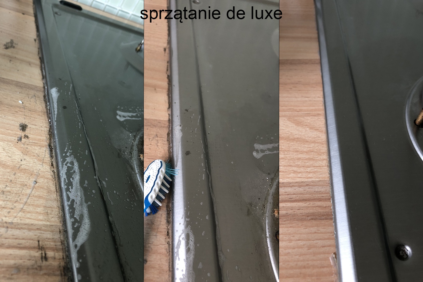 Czyszczenie płyty kuchennej: widok przed, w trakcie (szczoteczka) i po czyszczeniu, z widocznymi zabrudzeniami i pianą z detergentu.