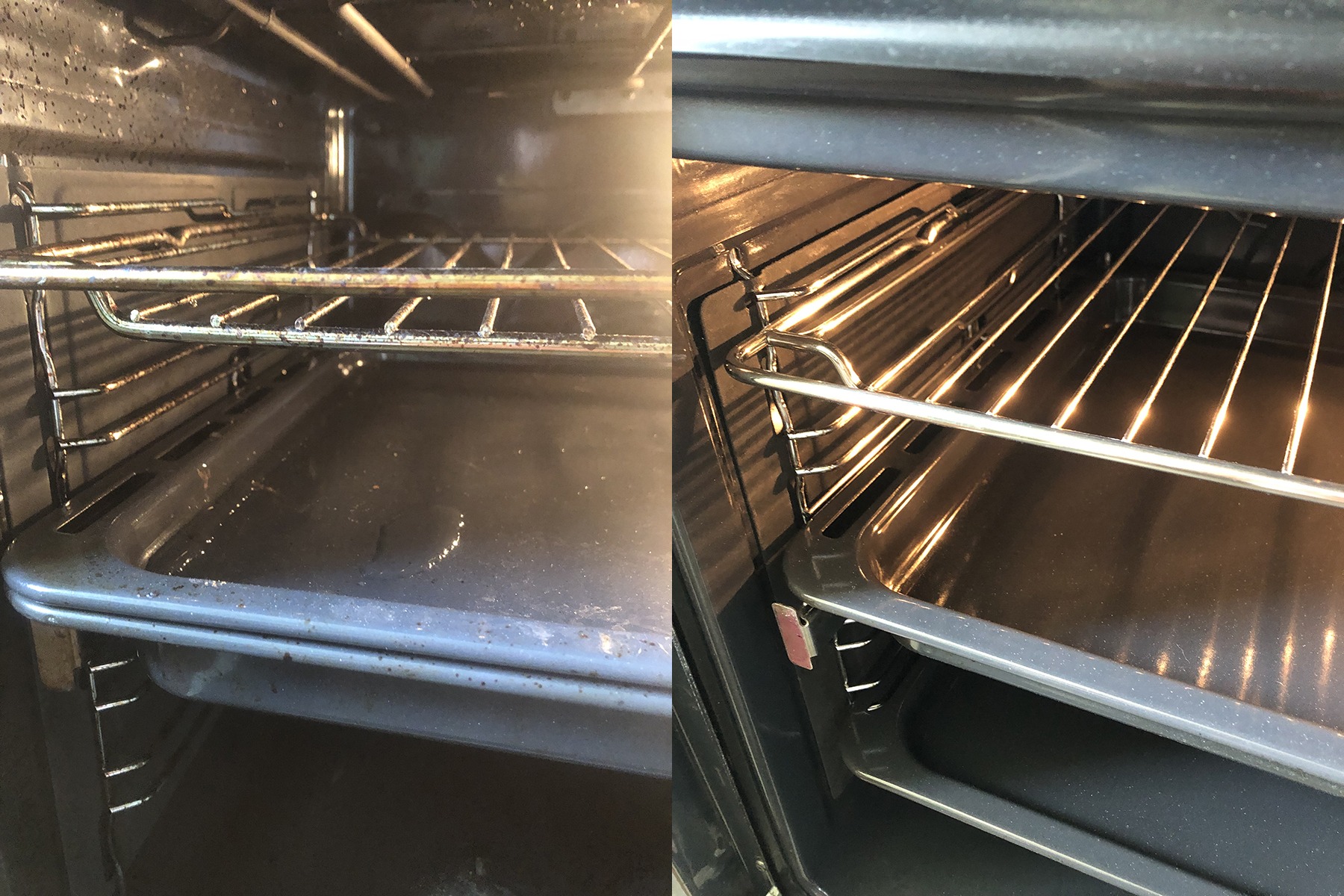 Porównanie wnętrza piekarnika przed i po czyszczeniu: po lewej brudny, z tłustymi osadami, po prawej lśniący czystością, z widocznymi metalowymi prowadnicami i blachą.