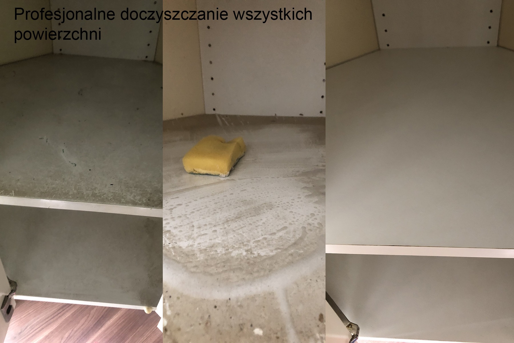 Czyszczenie wnętrza szafki kuchennej żółtą gąbką i detergentem, widoczne ślady piany i wody, fragment brudnej powierzchni przed czyszczeniem po lewej stronie.