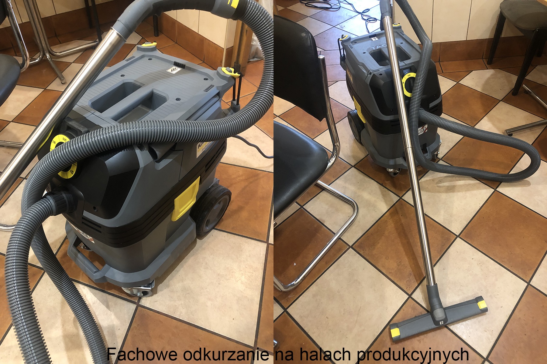 Profesjonalny odkurzacz przemysłowy Karcher na kółkach, z szarym korpusem i żółtymi akcentami, z widoczną rurą ssącą i ssawką podłogową, na podłodze w brązowo-beżową szachownicę.