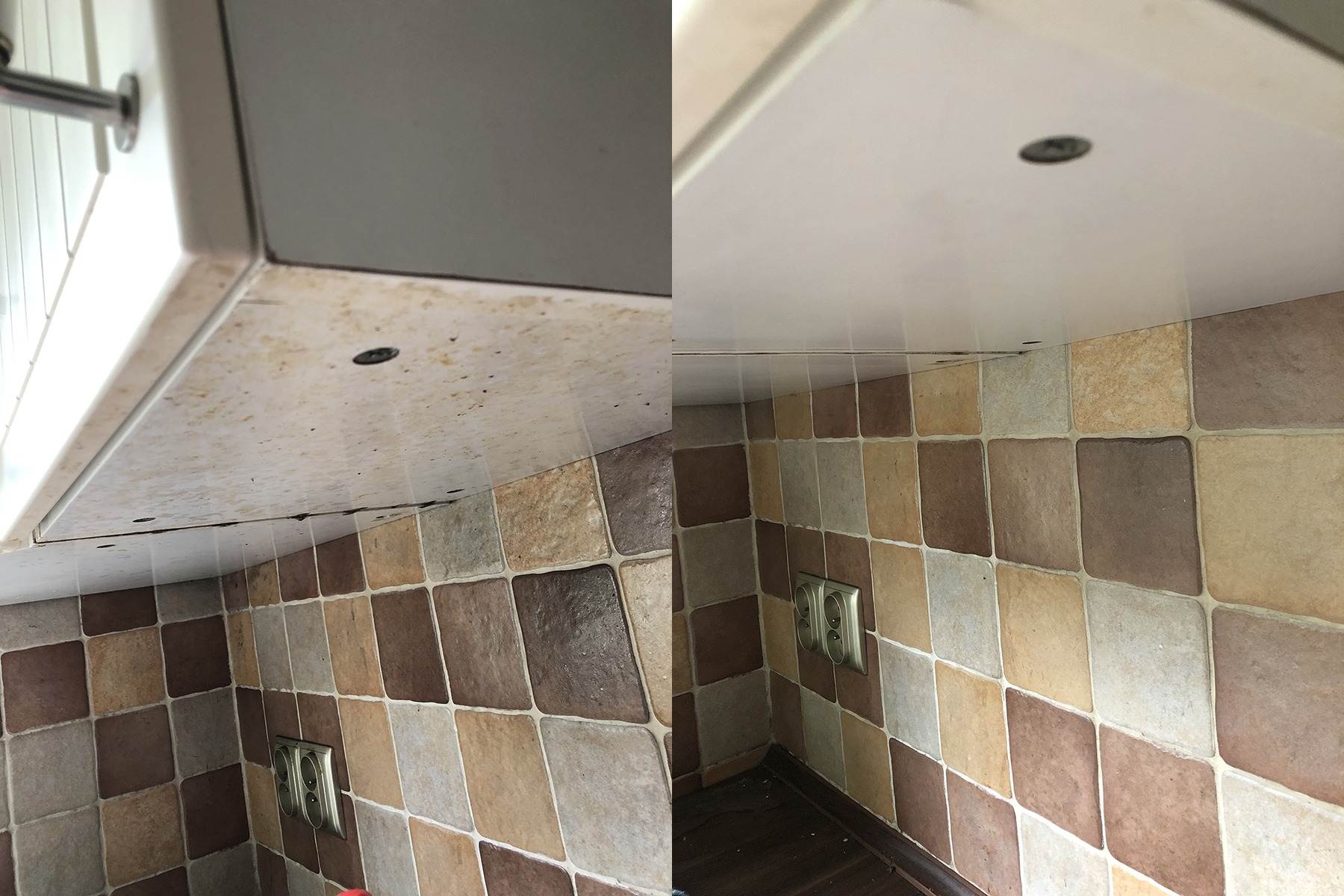 Porównanie powierzchni w kuchni przed i po czyszczeniu: zanieczyszczona szafka podszafkowa z widocznymi plamami i zabrudzeniami oraz jej odnowiony, czysty wygląd po prawej stronie, na tle...