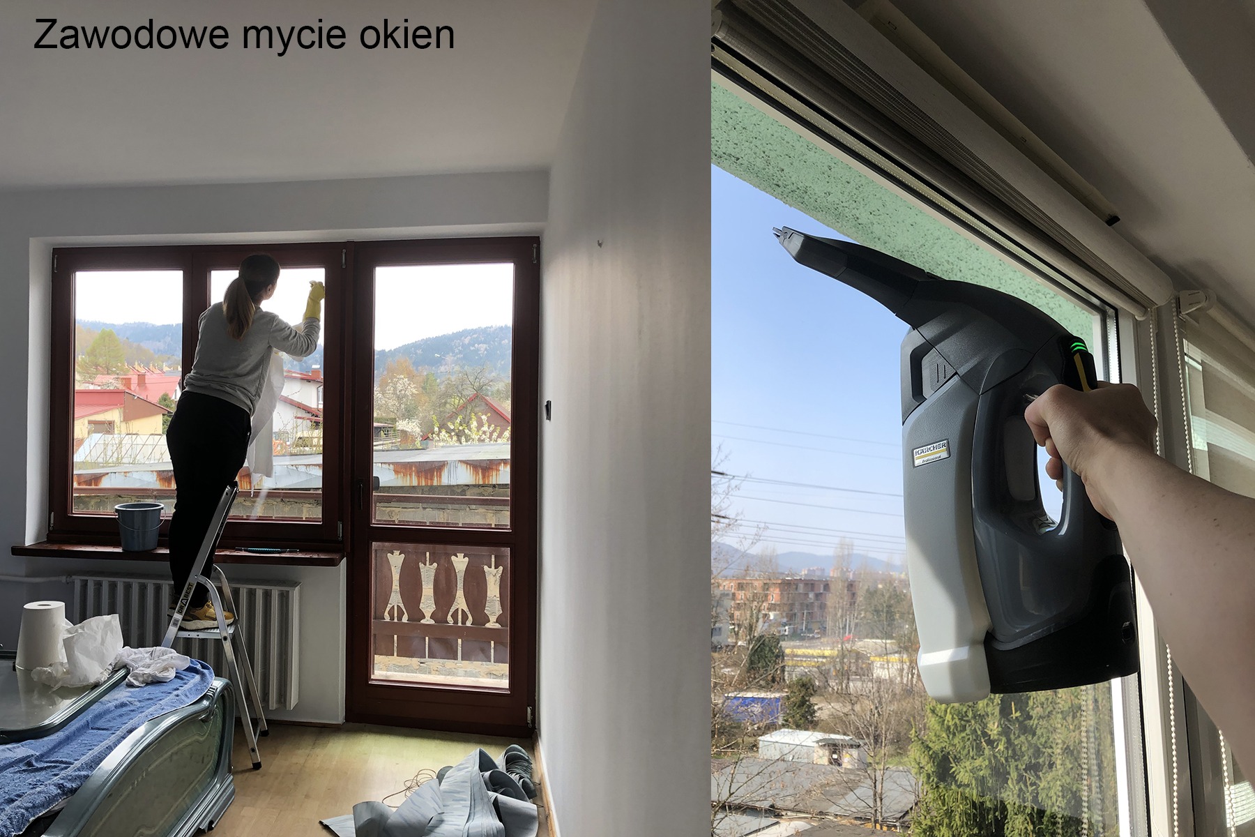 Kobieta w rękawicach ochronnych czyści okno szmatką stojąc na drabinie, obok stoi wiadro. Drugie okno czyszczone odkurzaczem do okien Karcher, widok na miasto w tle.