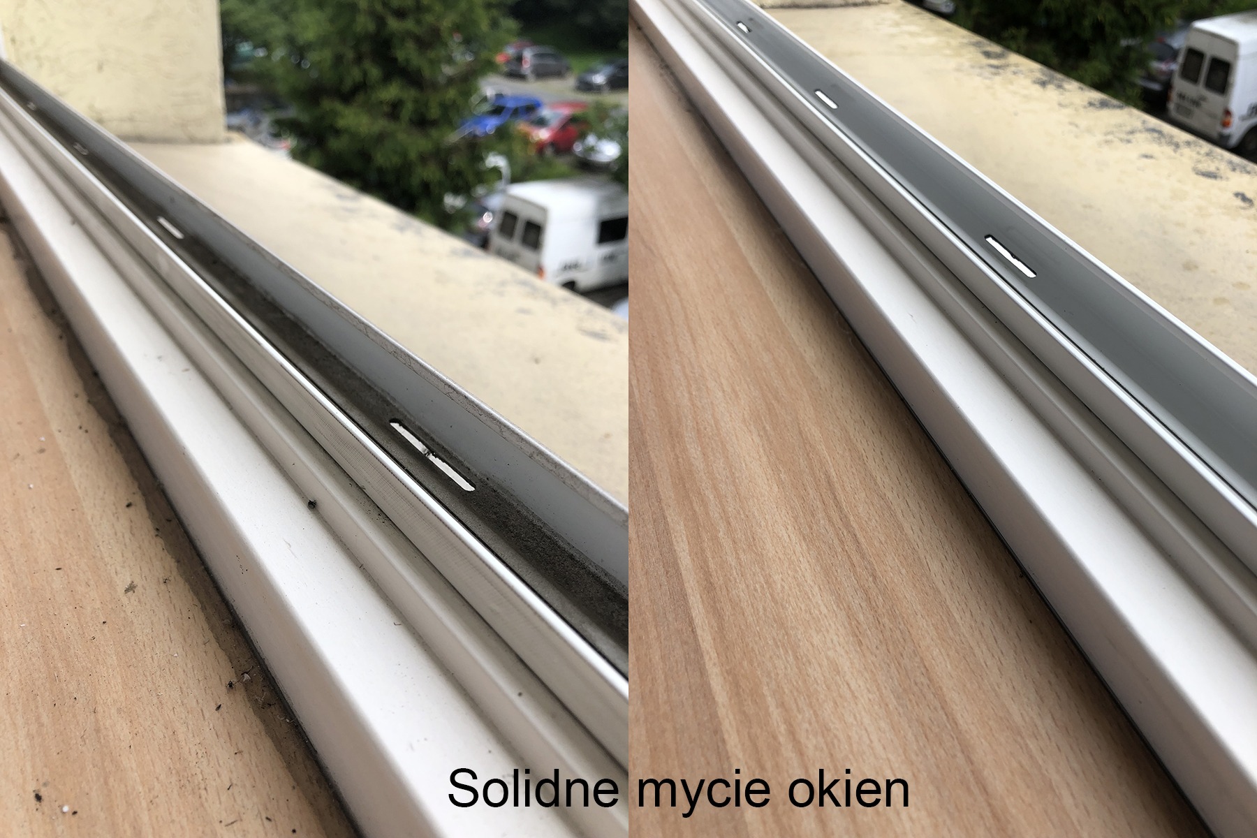 Porównanie stanu okien: brudna, zaniedbana rama okienna z lewej strony i czysta, zadbana rama okienna z prawej strony, widoczne różnice w nagromadzeniu kurzu i brudu.