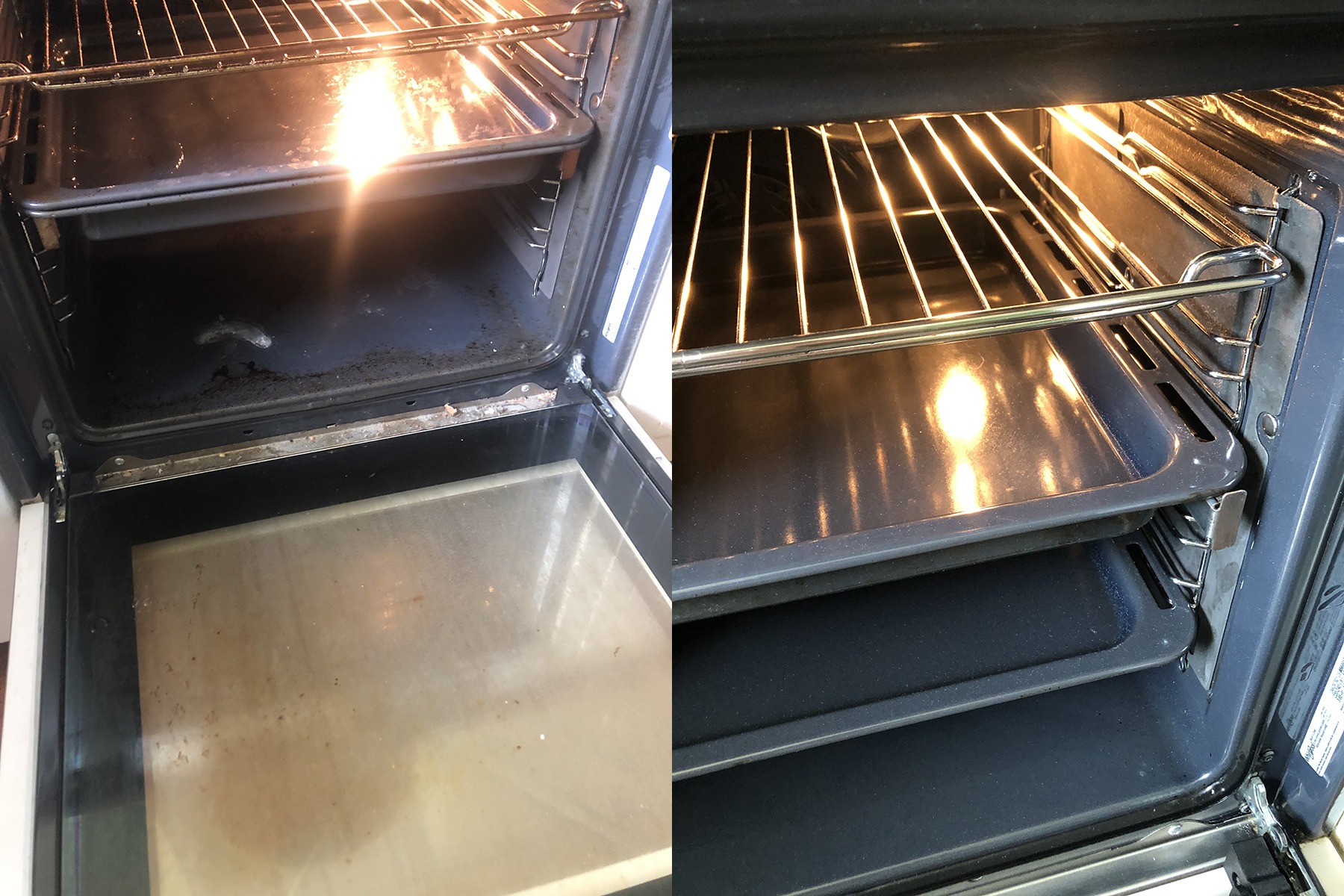 Porównanie wnętrza piekarnika przed i po czyszczeniu: brudny piekarnik z przypaleniami i resztkami jedzenia vs. czysty, lśniący piekarnik z metalowymi prowadnicami i blachami.