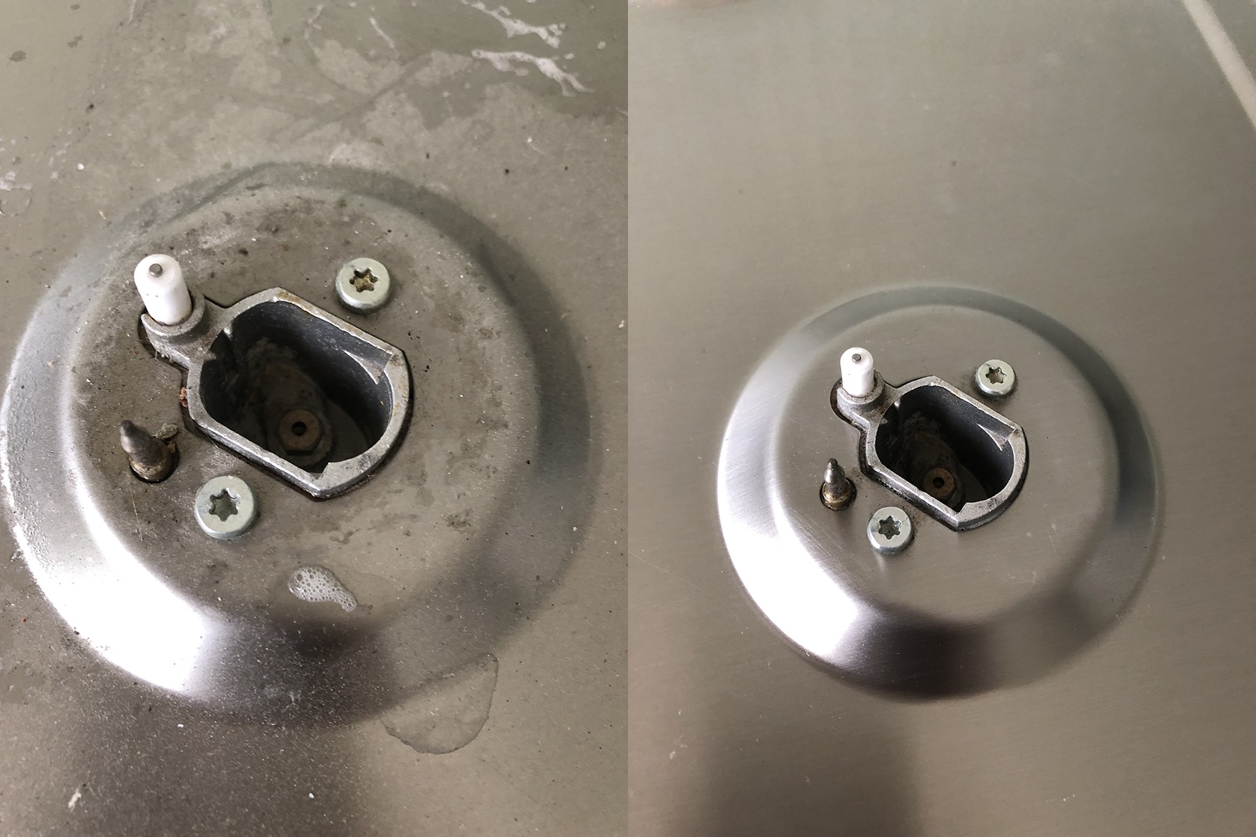 Porównanie: zabrudzony i wyczyszczony palnik kuchenki gazowej z widocznymi śladami czyszczenia i połyskiem stali nierdzewnej.