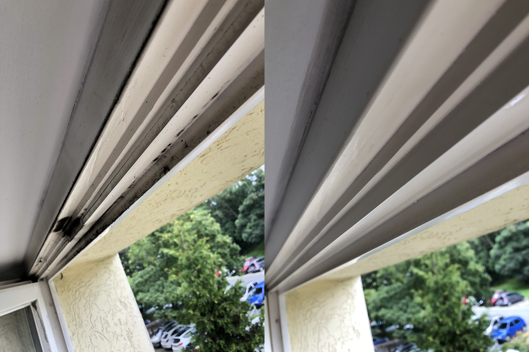 Porównanie: brudne i czyste żaluzje na balkonie, widok z zewnątrz na drzewa i zaparkowane samochody.