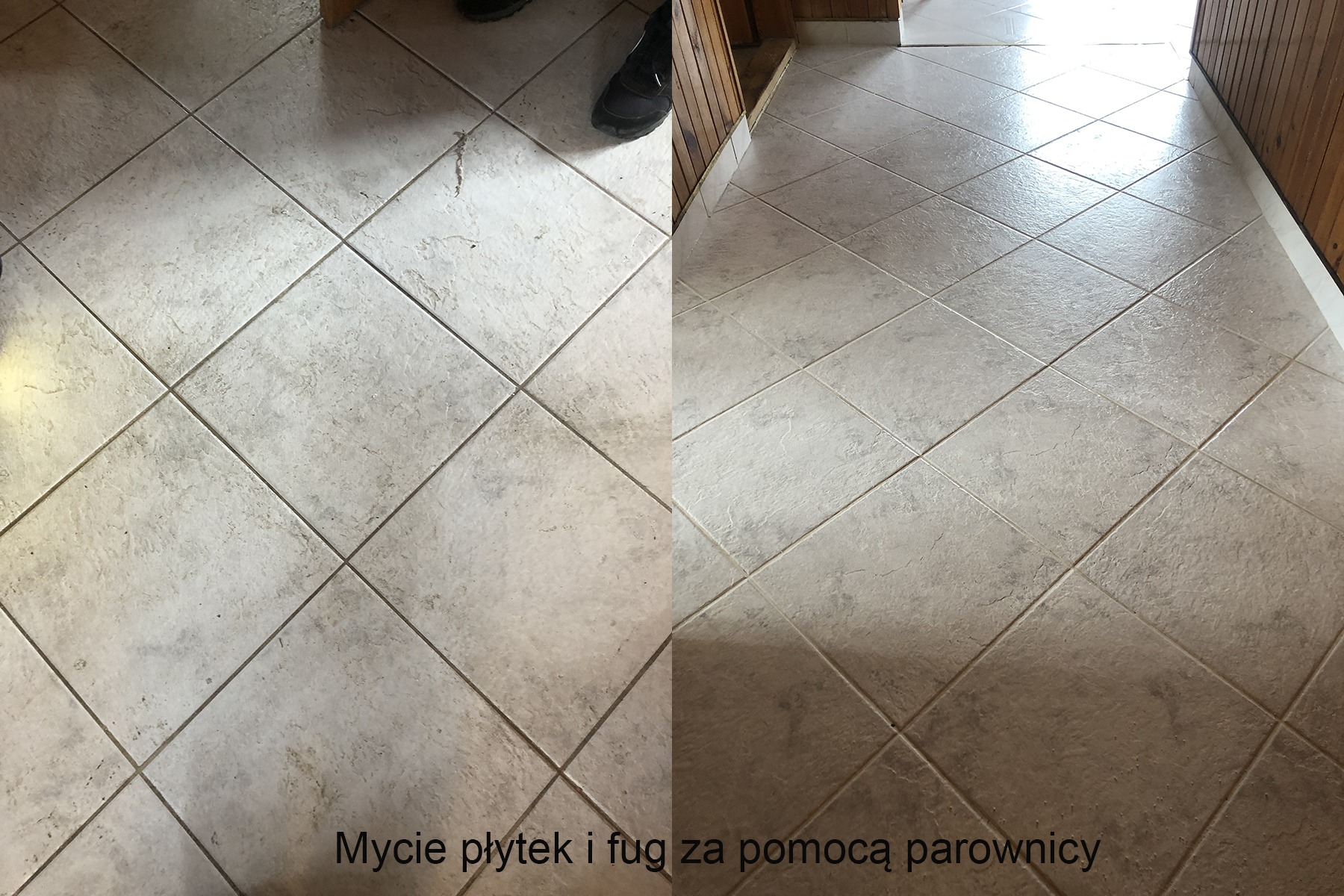 Porównanie stanu płytek podłogowych przed i po czyszczeniu parowym; widoczne różnice w czystości fug i powierzchni płytek.