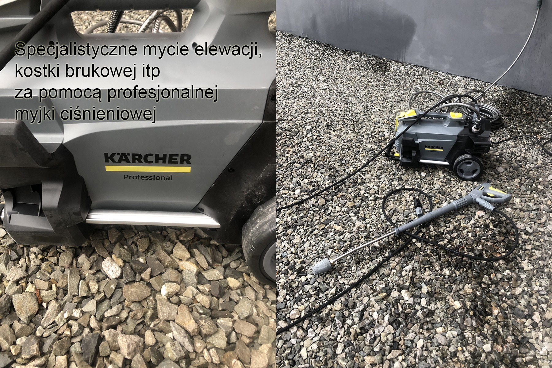 Profesjonalna myjka ciśnieniowa Kärcher Professional na tle szarej ściany i podłoża z drobnych kamieni, gotowa do użycia z widoczną lancą i wężem.