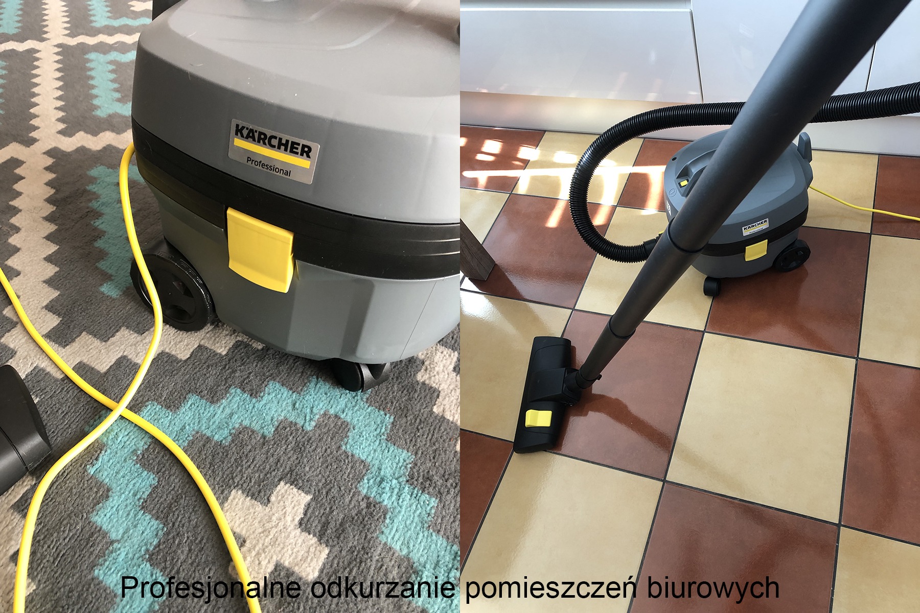 Szary odkurzacz przemysłowy Karcher Professional z żółtymi akcentami, widoczny na dywanie w geometryczne wzory oraz na podłodze z płytek w szachownicę, z widocznym wężem i ssawką podczas pracy.