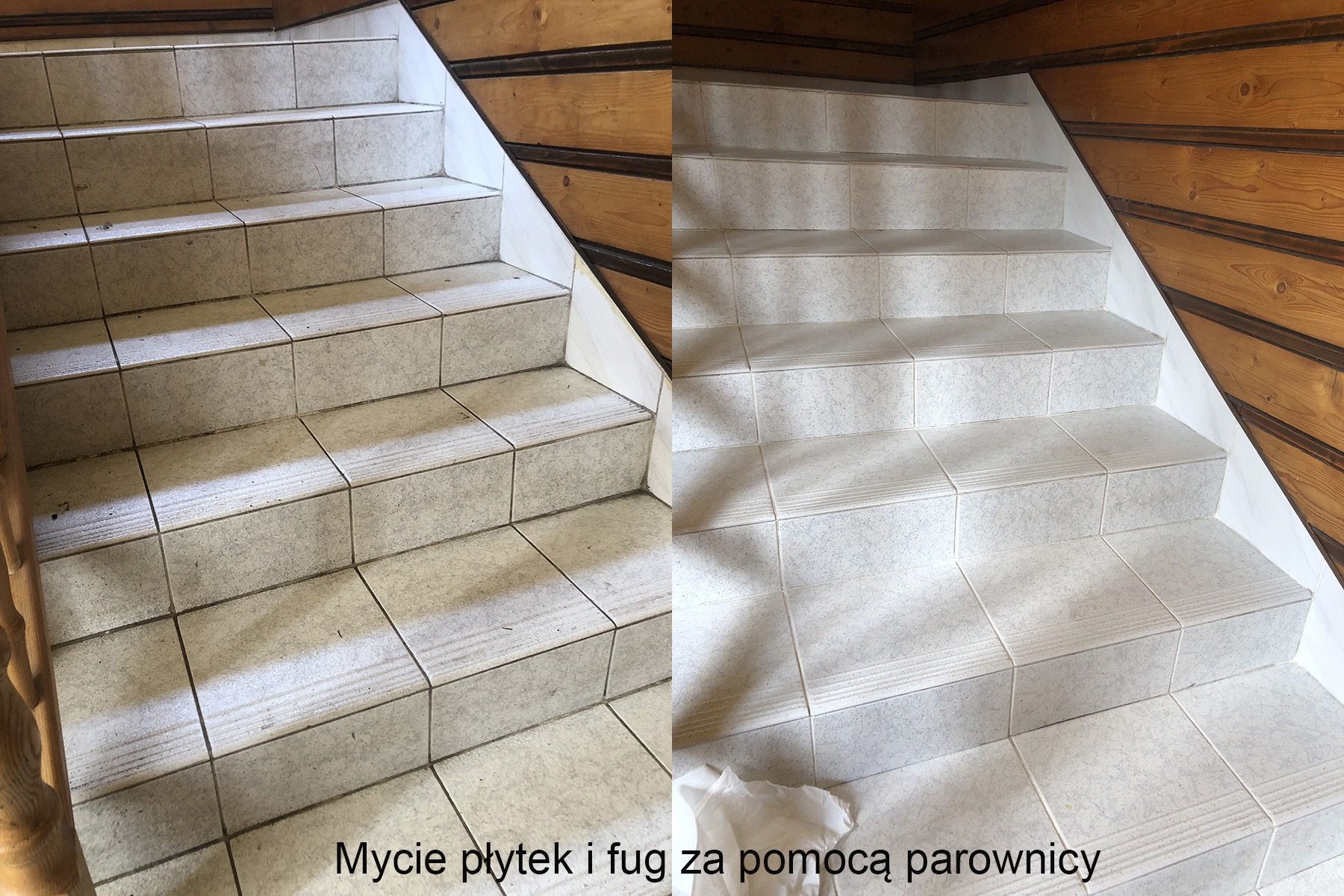 Schody wyłożone płytkami przed i po czyszczeniu parowcem, widoczna różnica w czystości fug i płytek.