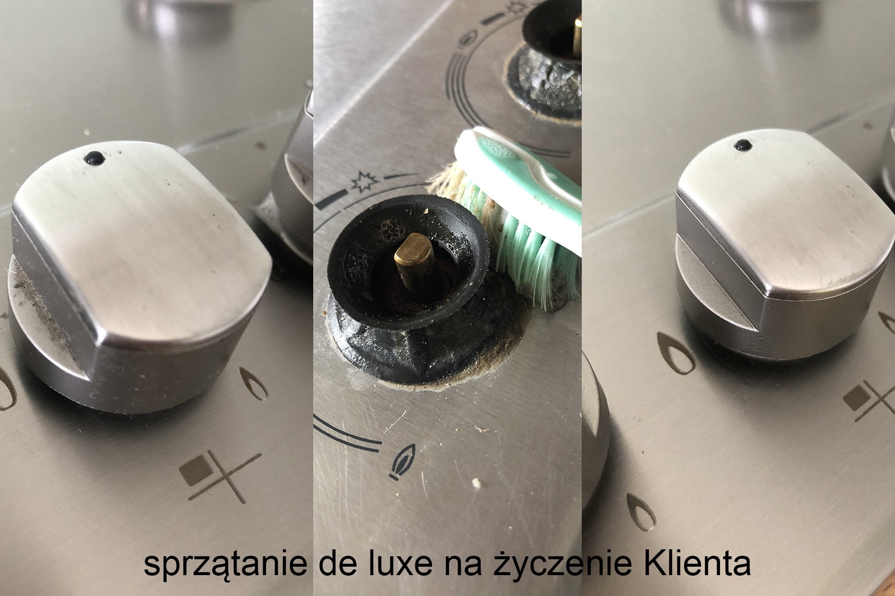 Czyszczenie zabrudzonej kuchenki gazowej w Bielsku-Białej, widoczny brud wokół palnika i szczoteczka do czyszczenia detali.