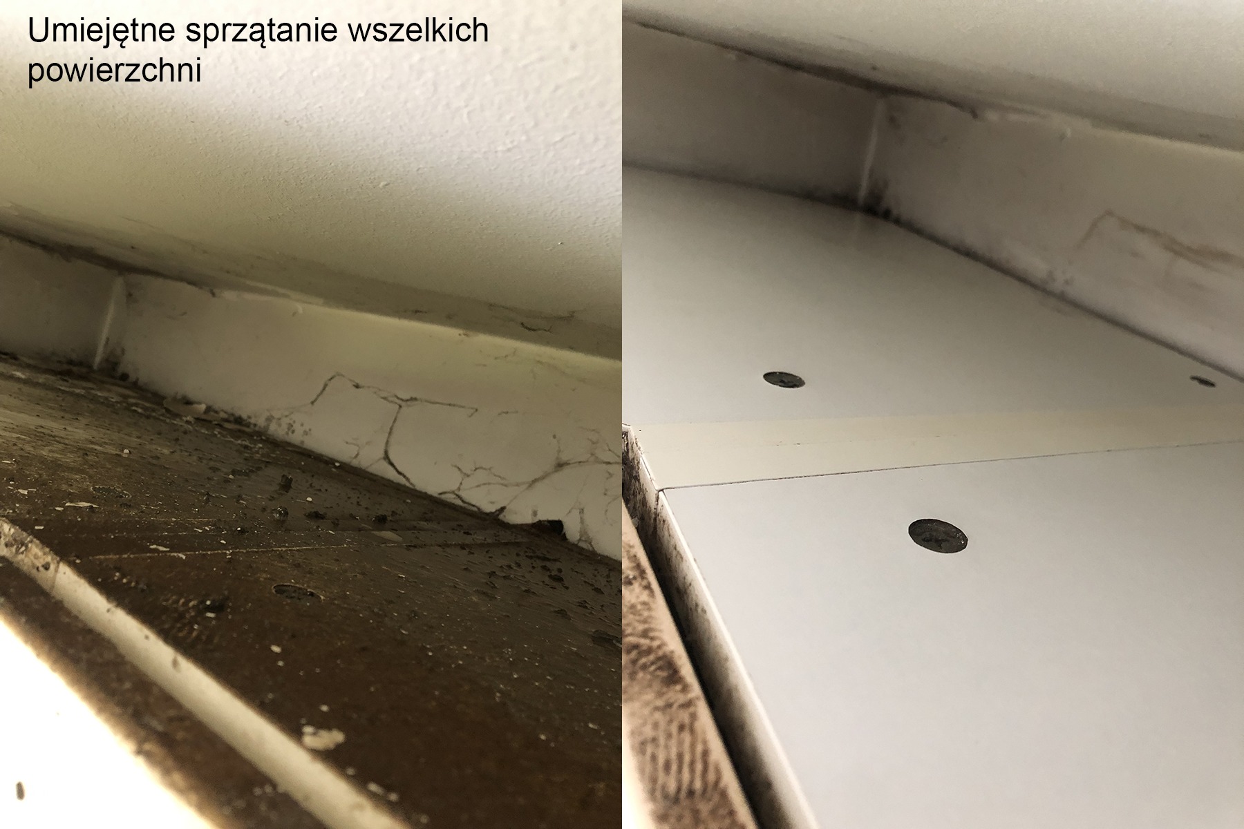 Porównanie stanu szafki przed i po czyszczeniu: po lewej brudna, zakurzona powierzchnia z widocznymi pęknięciami farby i zabrudzeniami w narożnikach, po prawej czysta, biała powierzchnia bez śladów...