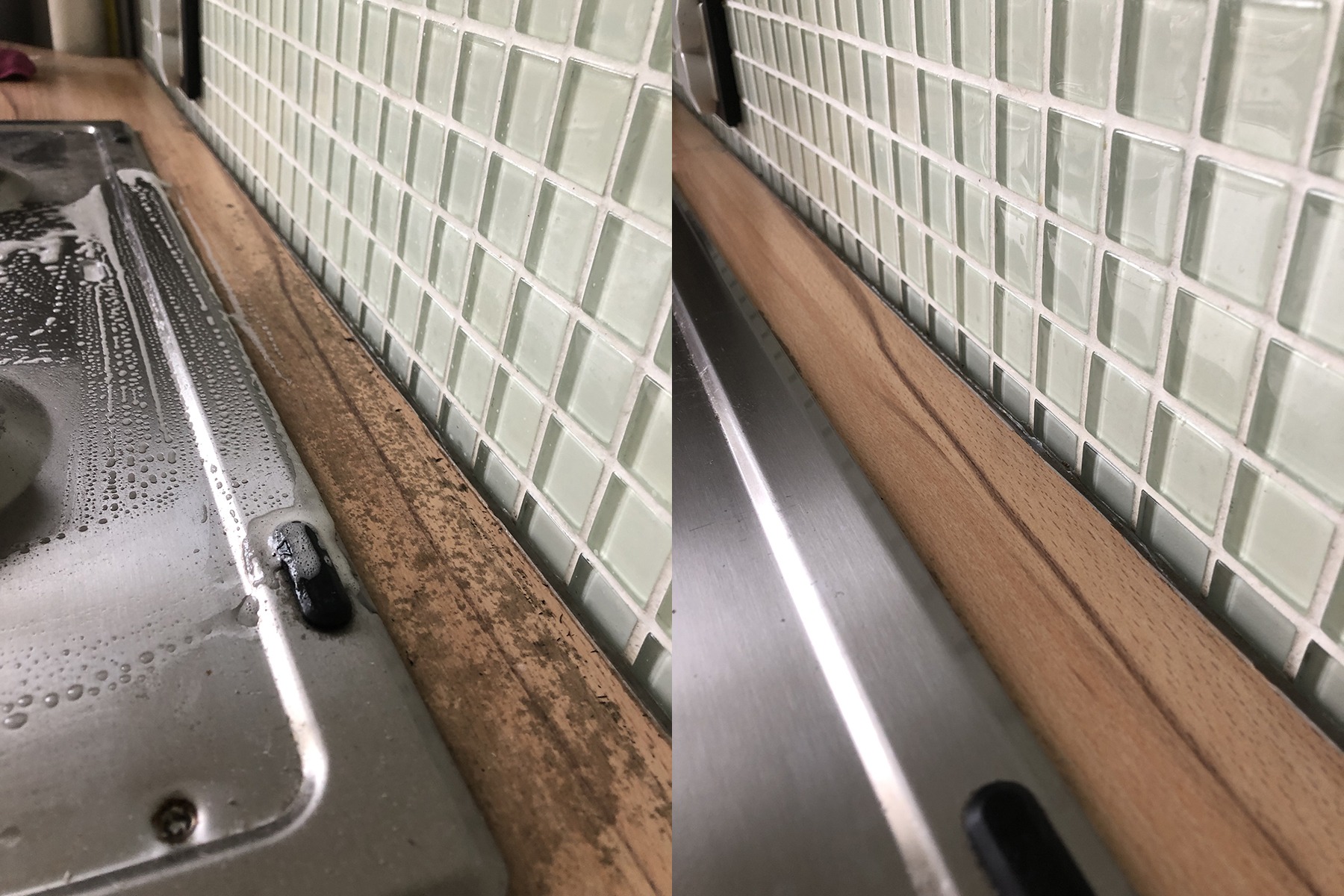 Porównanie stanu fragmentu blatu kuchennego przed i po czyszczeniu, widoczny brudny blat z boku zlewu oraz czysty blat po prawej stronie, w tle mozaika z jasnych płytek.