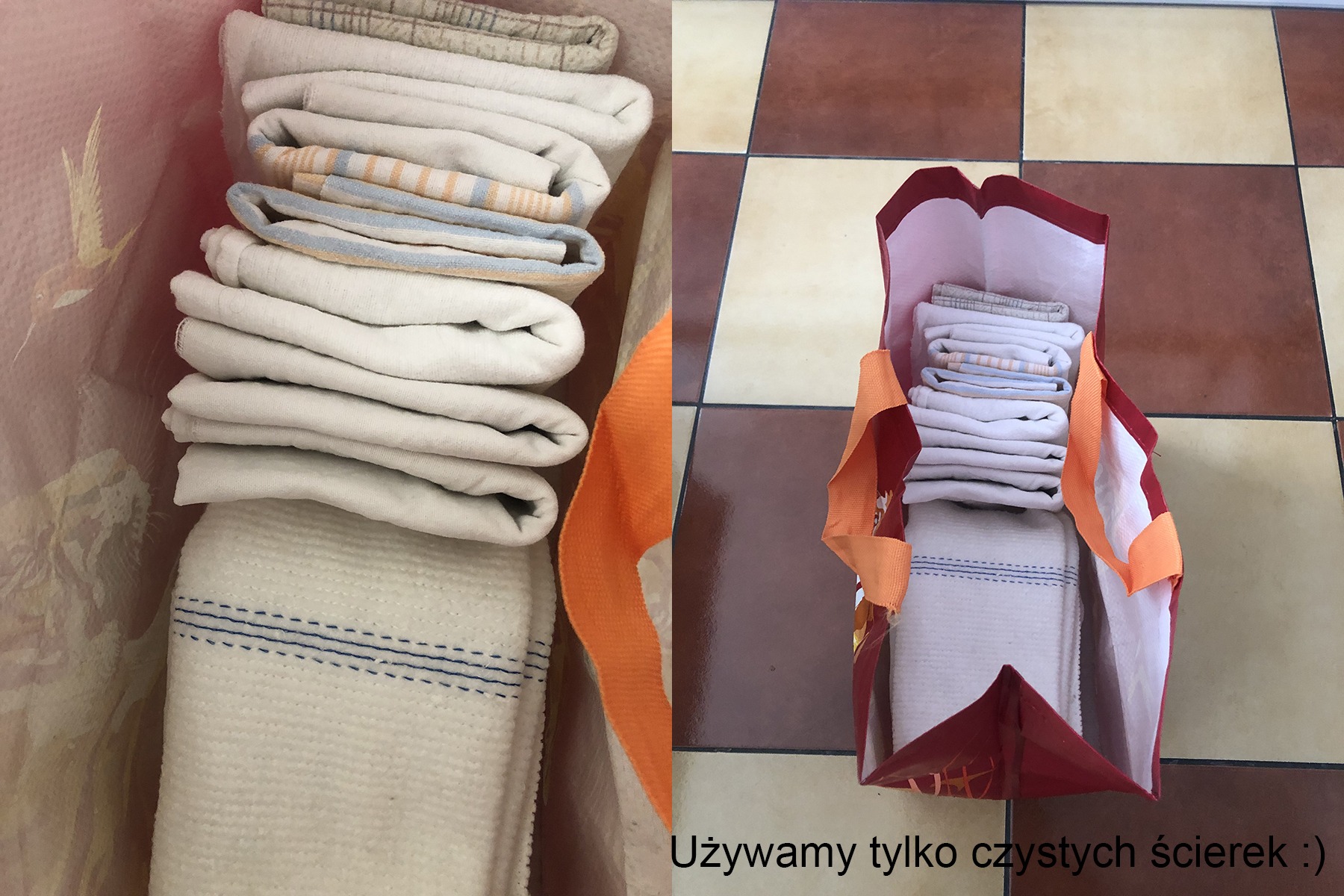 Dwie torby z materiału wypełnione złożonymi, czystymi ściereczkami do sprzątania, widoczne na kafelkowej podłodze.