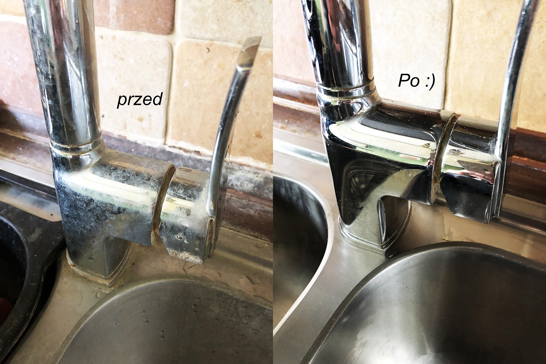 Porównanie stanu baterii kuchennej przed i po czyszczeniu: po lewej stronie widoczne osady i zacieki, po prawej bateria lśniąca czystością.
