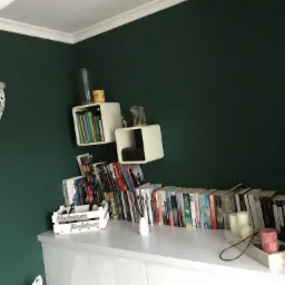 Ściana pomalowana na ciemnozielony kolor z białymi półkami i dekoracjami, w tym książkami, figurkami i ozdobnym sercem z wikliny.