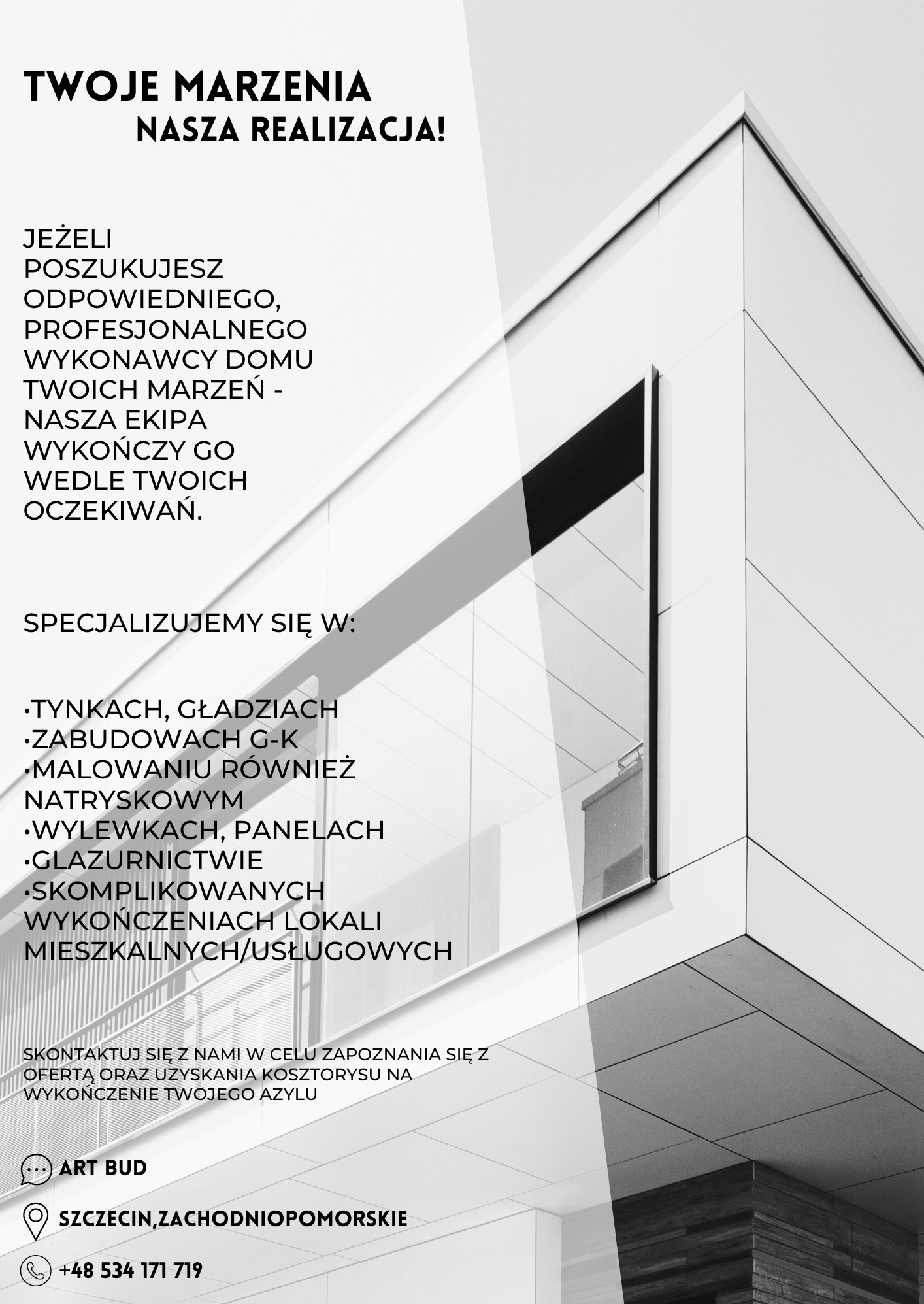 Minimalistyczny budynek z białymi panelami elewacyjnymi i dużym oknem, na plakacie reklamowym firmy wykończeniowej specjalizującej się w tynkach, gładziach, zabudowach G-K, malowaniu natryskowym...