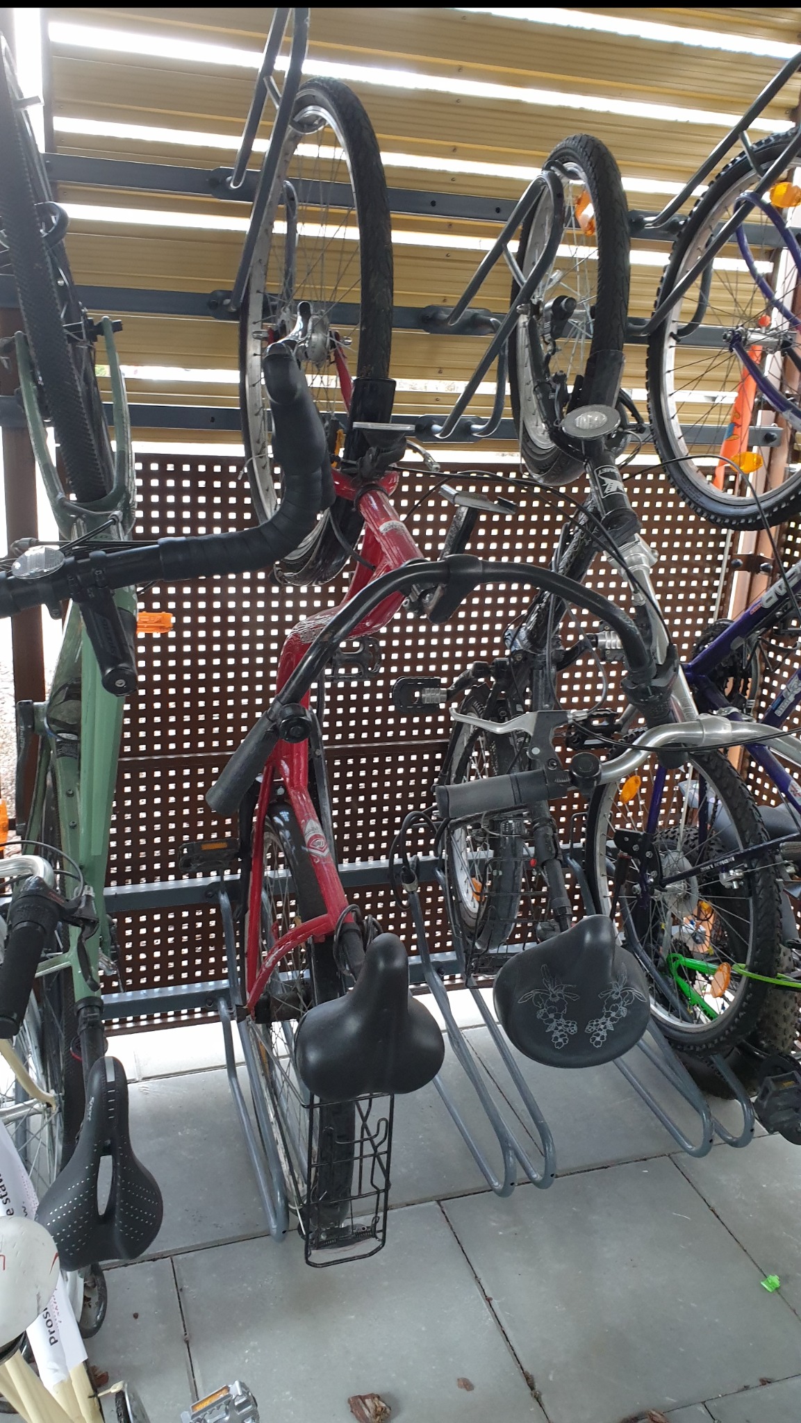 Zadaszony, metalowy stojak rowerowy z kilkoma rowerami różnych typów, widziany z bliska, z naciskiem na siodełka i kierownice.