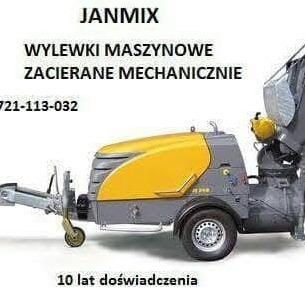 Żółto-szara maszyna do wylewek z napisem JANMIX, WYLEWKI MASZYNOWE ZACIERANE MECHANICZNIE oraz numerem telefonu i informacją o 10-letnim doświadczeniu.