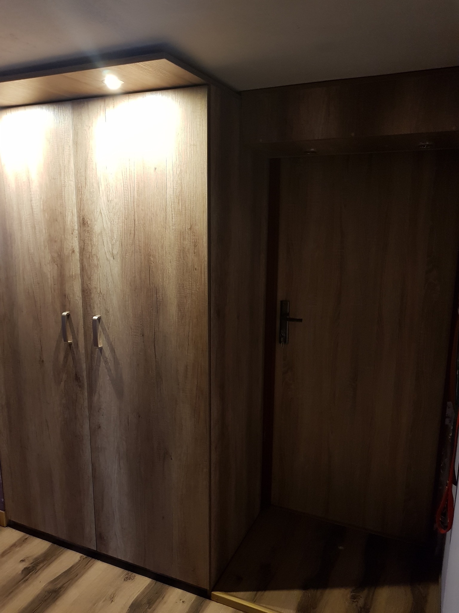 Drewniana szafa wnękowa z oświetleniem punktowym, zintegrowana z drzwiami o identycznym wykończeniu.