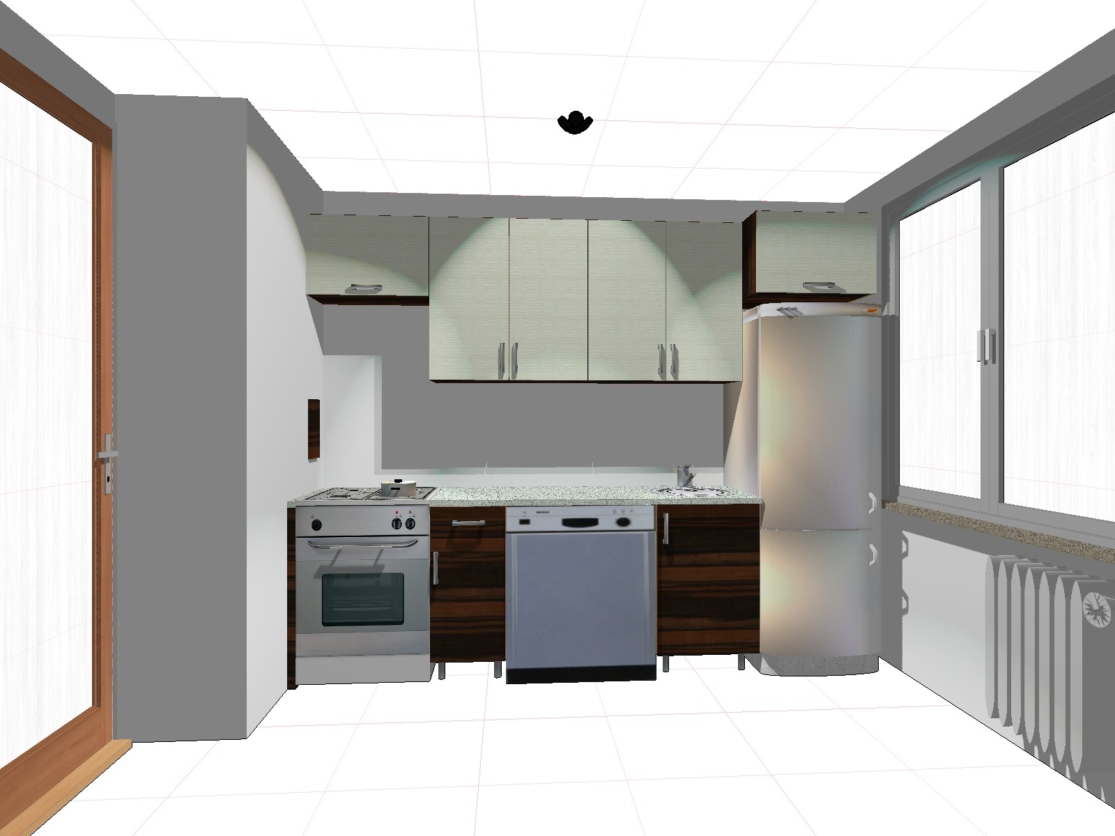 Wizualizacja 3D kuchni z zabudową szafek górnych w kolorze jasnego drewna, dolnych w ciemnym drewnie, z widoczną kuchenką, zmywarką i lodówką, oświetlenie sufitowe.