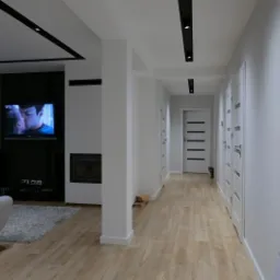 Nowoczesne wnętrze: salon z czarną ścianą telewizyjną, kominkiem i szarym dywanem przechodzi w długi korytarz z drewnianą podłogą i białymi drzwiami.