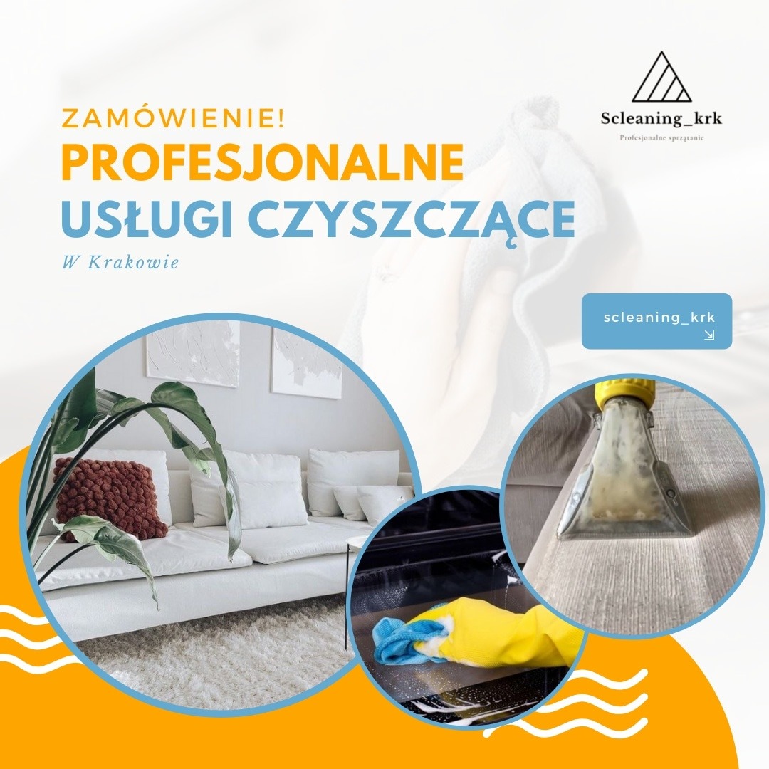 Grafika reklamowa firmy sprzątającej: fragment salonu z białą sofą i dywanem, czyszczenie piekarnika w żółtej rękawicy, dysza odkurzacza piorącego na tapicerce oraz logo firmy Scleaning_krk.