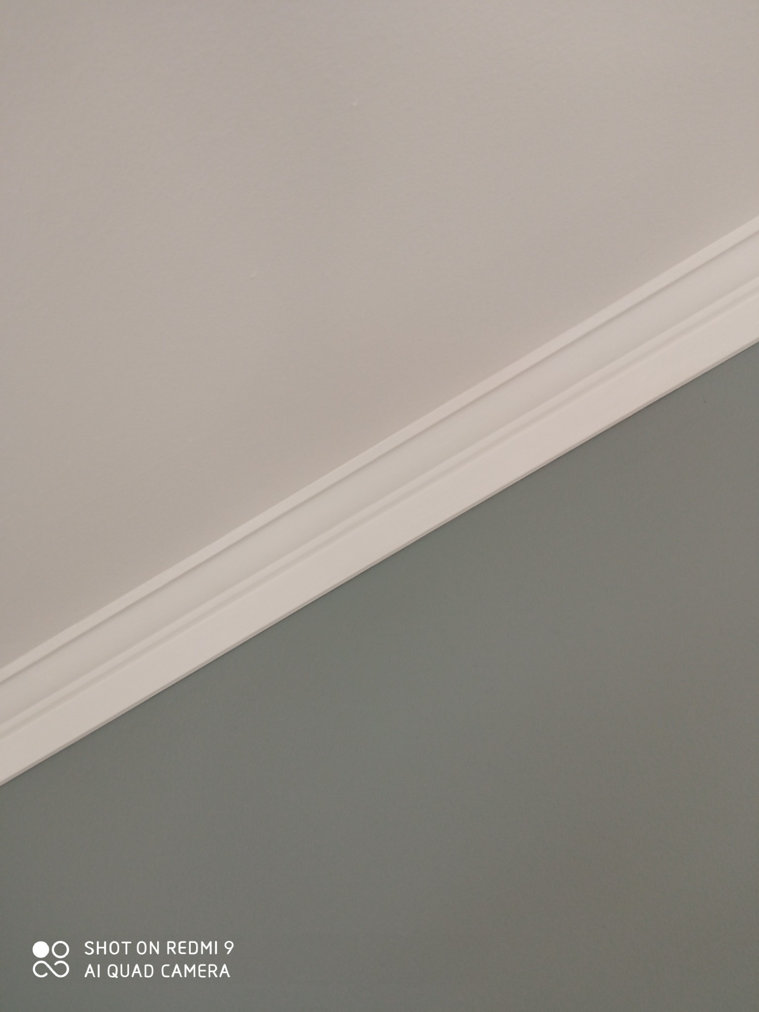 Fragment wnętrza: biały sufit, szara ściana i biała listwa dekoracyjna na styku ściany i sufitu, ujęcie z dołu.