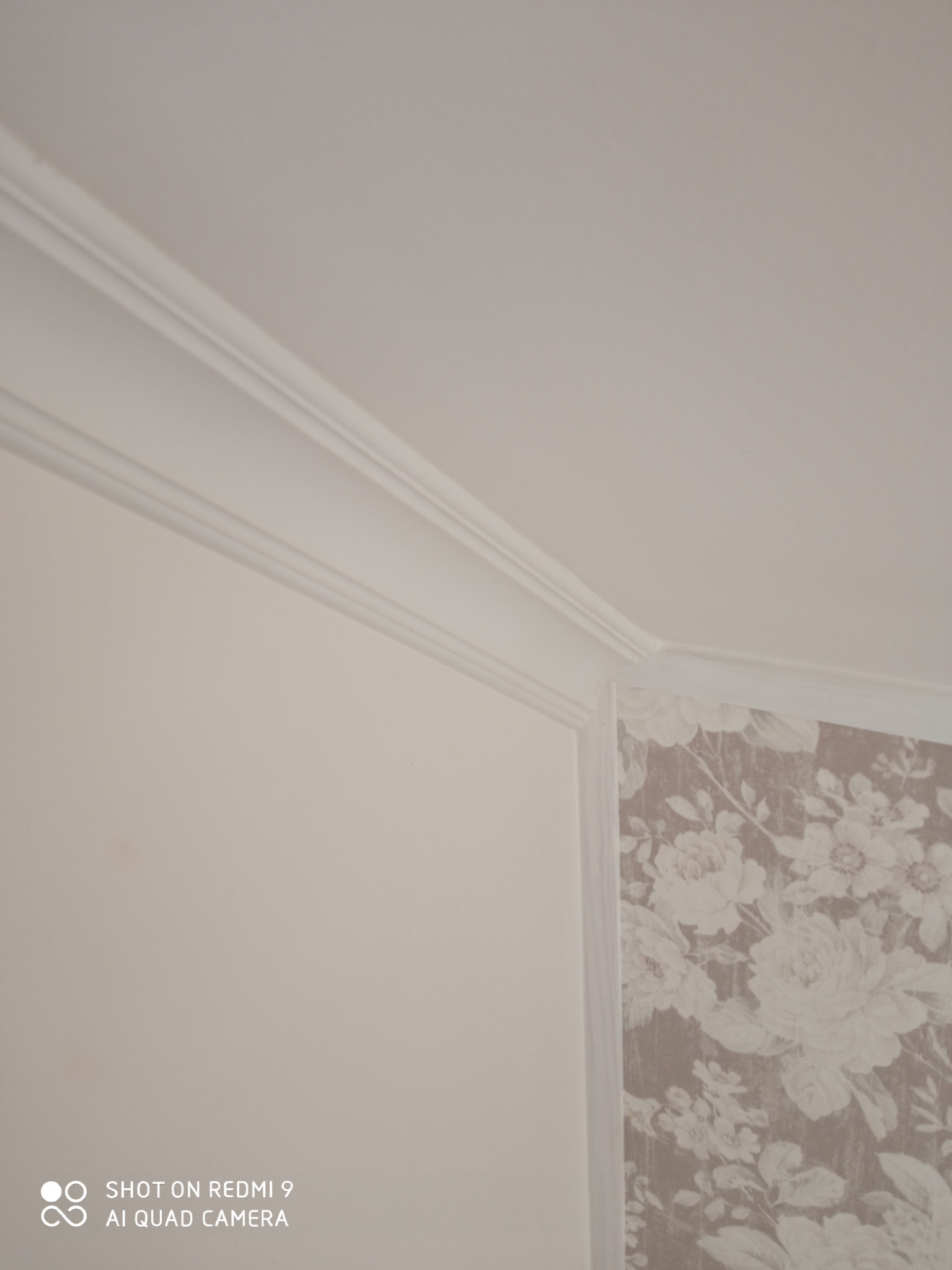 Detal wykończenia wnętrza: biały sufit z listwą dekoracyjną, gładka ściana i fragment ściany pokrytej tapetą w kwiatowe wzory.