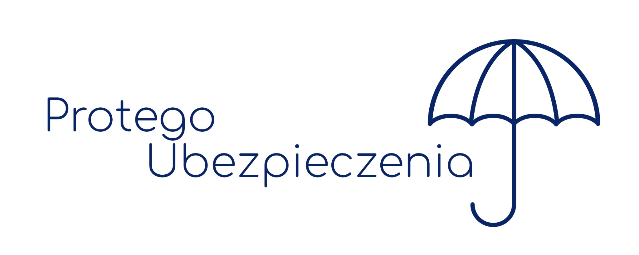 Logo firmy ubezpieczeniowej Protego Ubezpieczenia z minimalistyczną grafiką parasola w kolorze granatowym na białym tle.