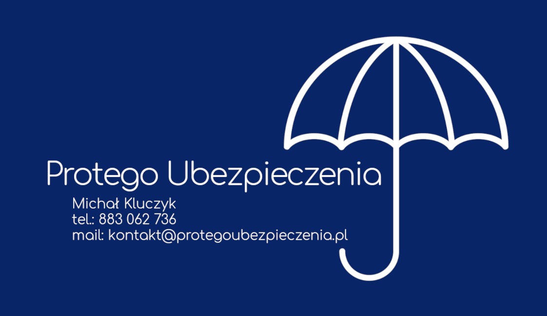 Logo firmy Protego Ubezpieczenia na granatowym tle z białą ikoną parasola, zawierające dane kontaktowe.