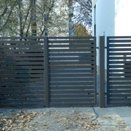 Astern - Nowoczesna, pozioma brama i furtka z metalowych profili w kolorze grafitowym, zamontowana przy jasnym budynku, z opadłymi liśćmi na kostce brukowej i roślinnością w tle.