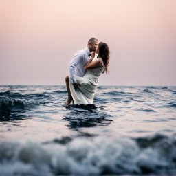 Dawid Ladach - Para młoda w objęciach, pocałunek w wodzie o zmierzchu. Mężczyzna w białej koszuli trzyma kobietę w białej sukni. Romantyczna sesja na tle spokojnego morza.