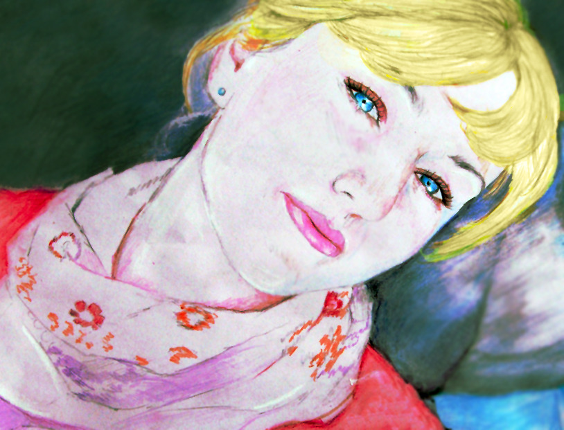 Portret kobiety z blond włosami i niebieskimi oczami, narysowany kredkami ołówkowymi, z wzorem kwiatowym na szalu.