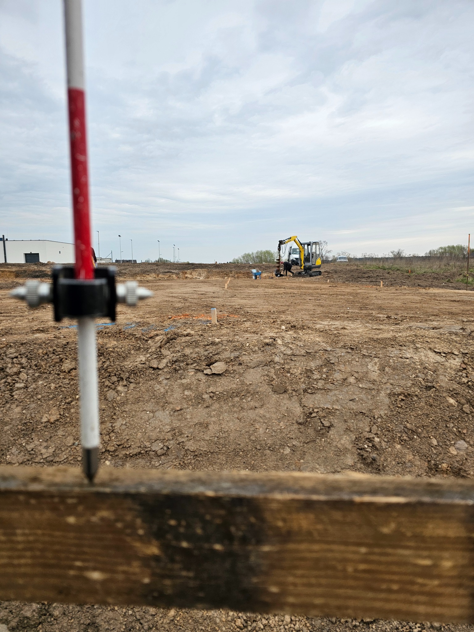 Prace geodezyjne na działce budowlanej. W tle minikoparka i pracownik. W pierwszym planie tyczka geodezyjna z bolcem wbita w drewnianą deskę.