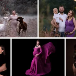 Kolaż pięciu zdjęć: kobieta w sukni pozuje z alpakami na tle jesiennego krajobrazu, rodzina z małym dzieckiem na tle zieleni, para obejmująca się, kobieta w purpurowej sukni na czarnym tle, kobieta...