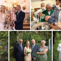 Sesje ciążowe Rzeszów - Monika Paradysz - Kolaż zdjęć z uroczystości religijnych: rodzina z dziećmi w kościele, chrzest dziecka, chłopiec w stroju komunijnym, rodzina na tle zieleni, dziewczynka w stroju komunijnym.