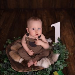 Sesje ciążowe Rzeszów - Monika Paradysz - Roczne dziecko w brązowym kombinezonie siedzi w drewnianej misie wyłożonej futrem, otoczonej zielonymi gałązkami, obok biała cyfra 1 i zabawkowy zielony samochodzik.