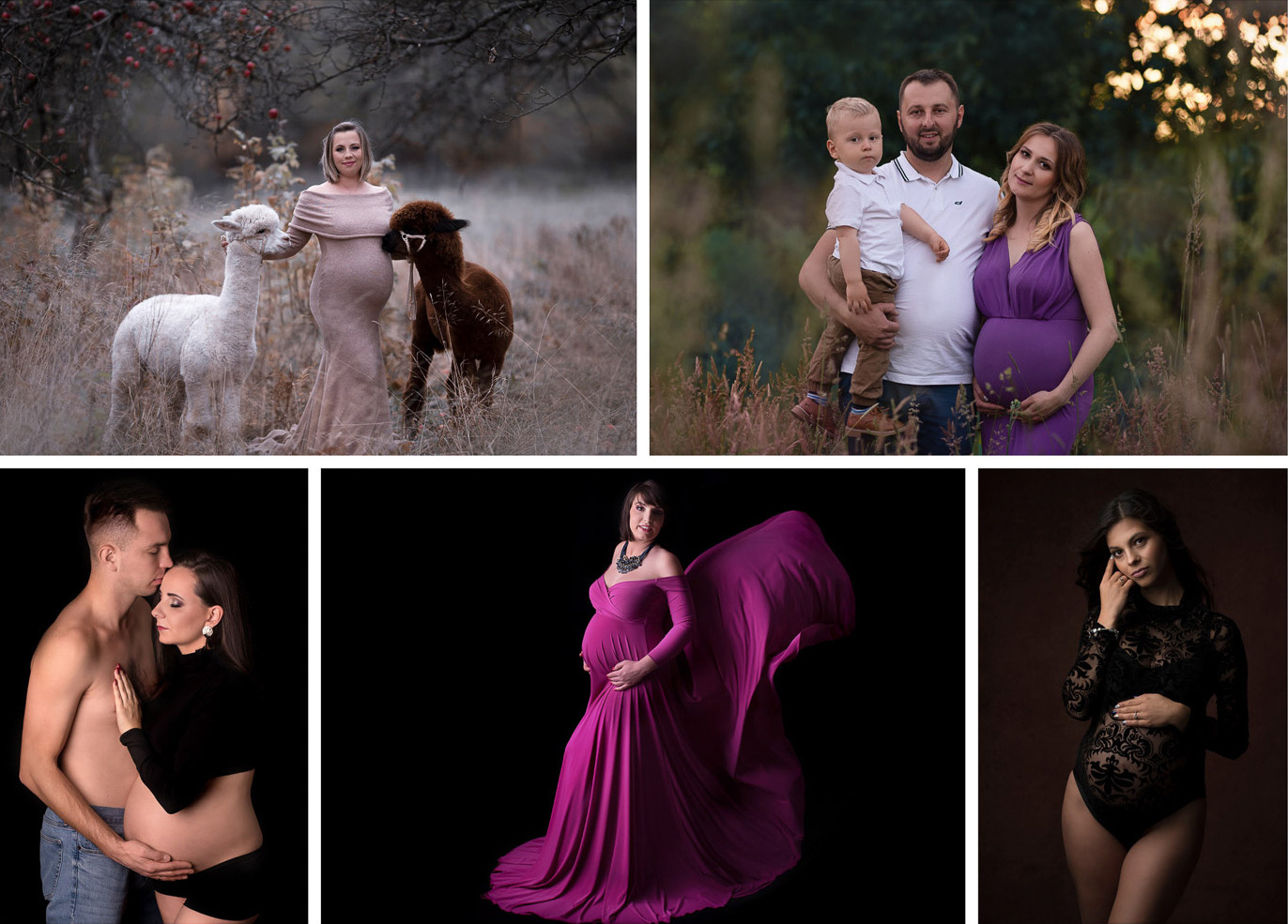 Kolaż pięciu zdjęć: kobieta w sukni pozuje z alpakami na tle jesiennego krajobrazu, rodzina z małym dzieckiem na tle zieleni, para obejmująca się, kobieta w purpurowej sukni na czarnym tle, kobieta...